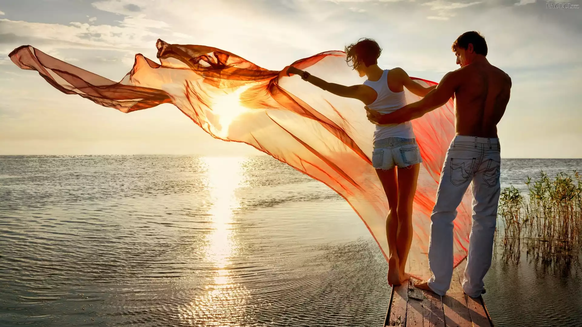 Zachód słońca, Pomost, Mężczyzna, Kobieta, Jezioro